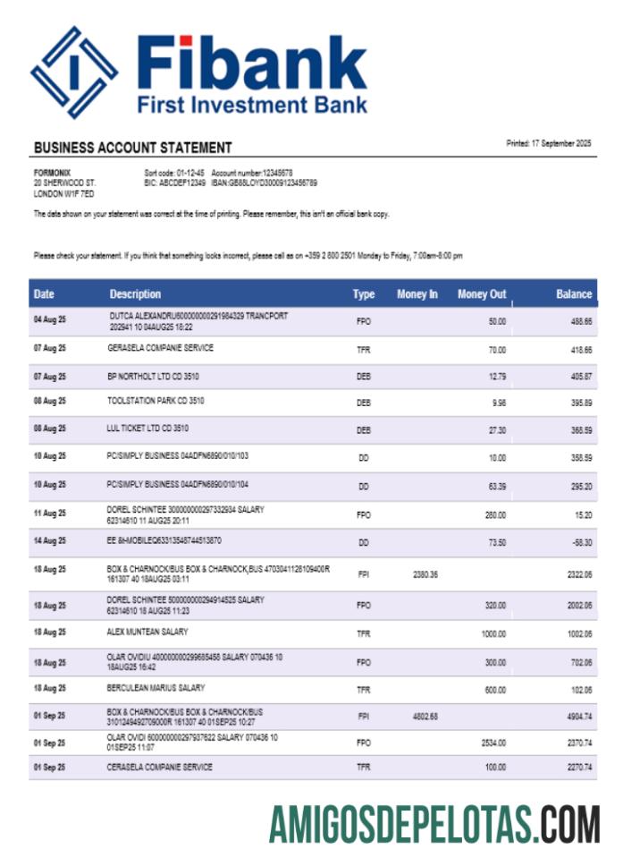 Fibank Bank Business Extrato bancário em formato Word e PDF
